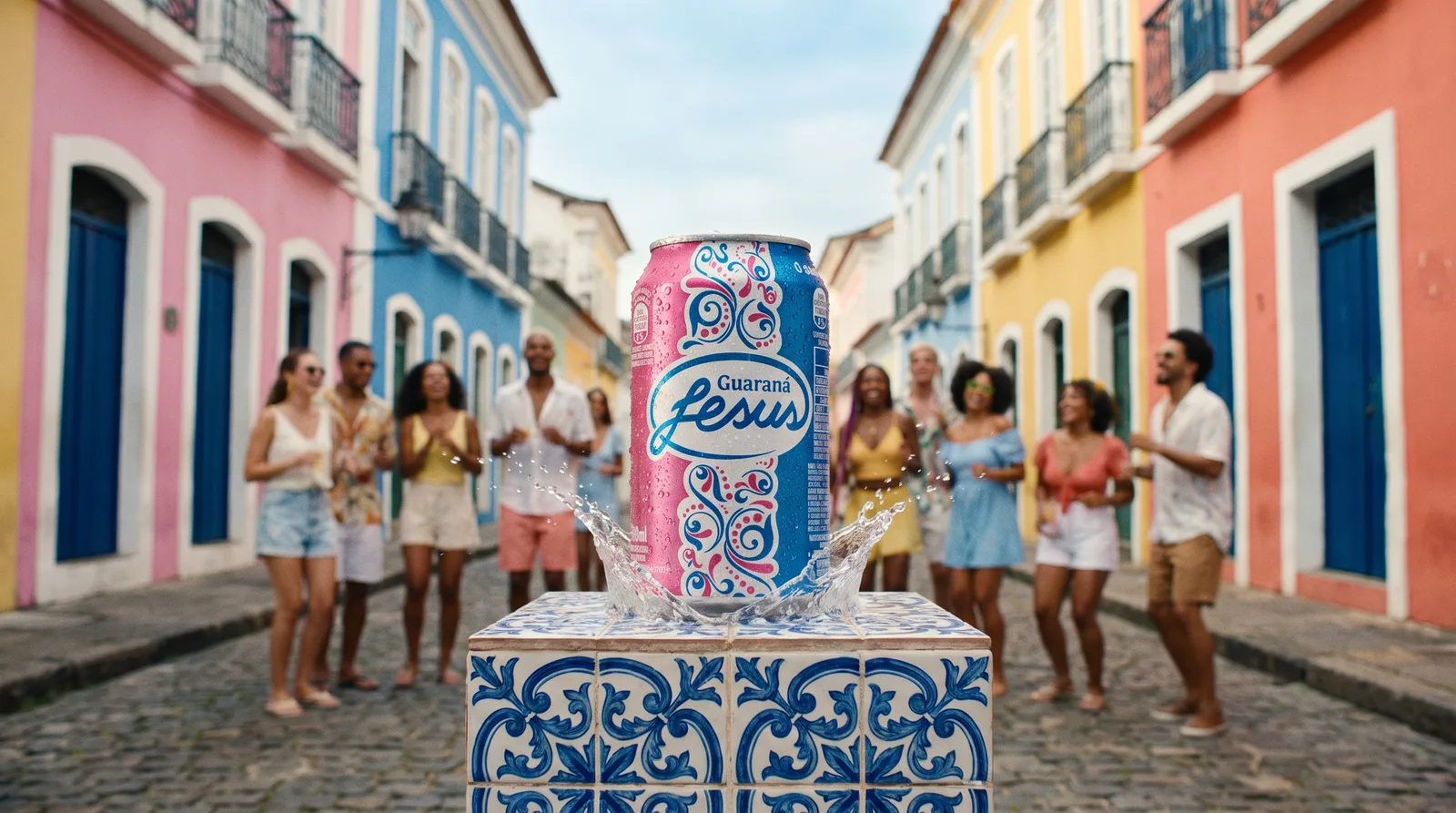 Lata de Guaraná Jesus sobre pedestal de azulejo numa rua colonial, com pessoas comemorando ao fundo