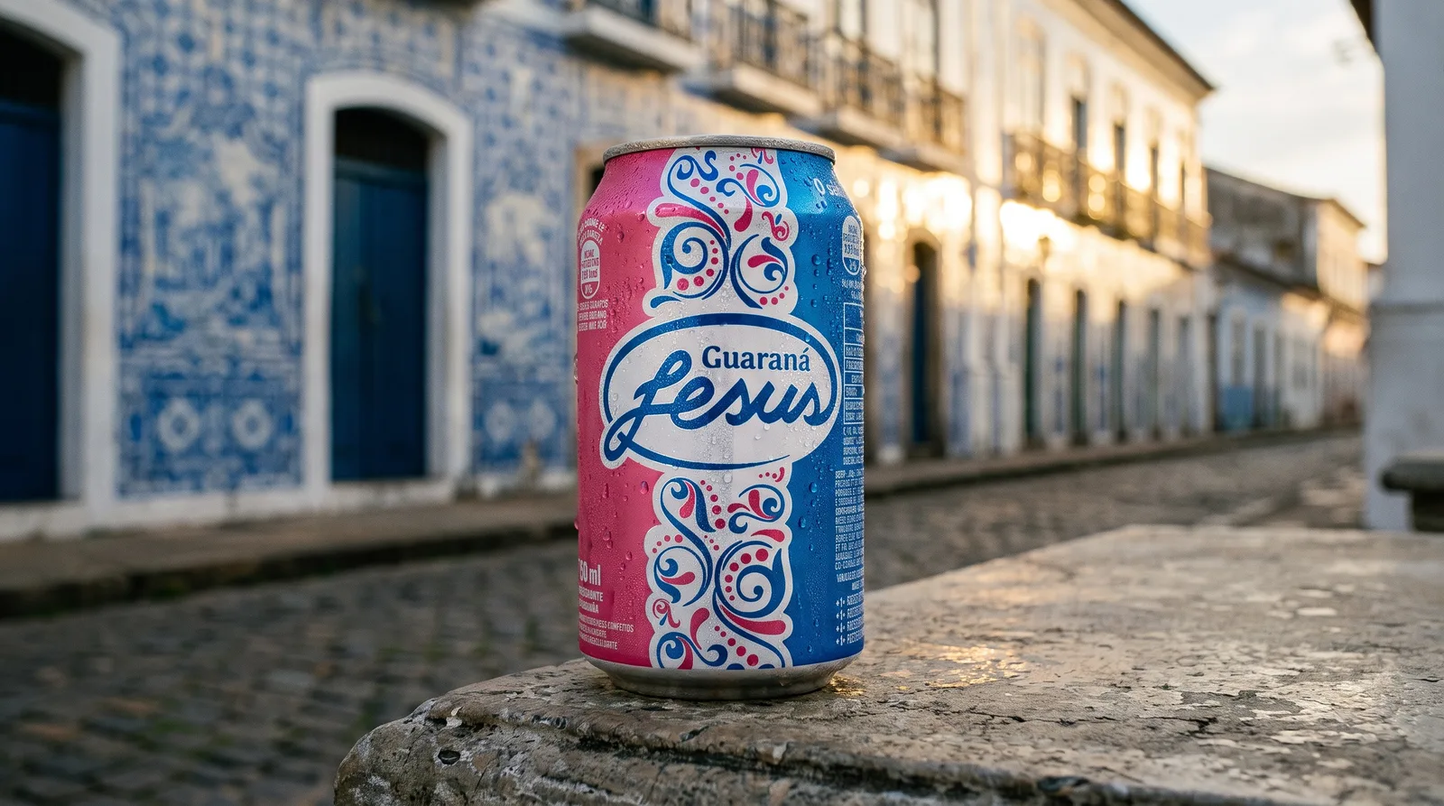 Lata de Guaraná Jesus sobre uma pedra, com casarões de azulejo ao fundo e luz de fim de tarde