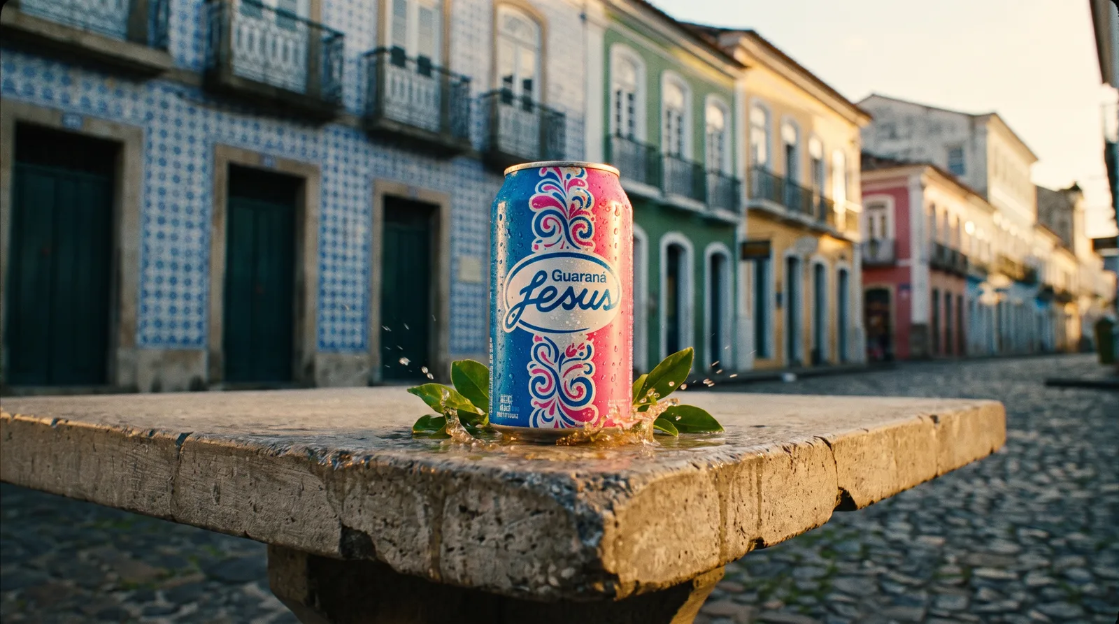 Lata de Guaraná Jesus sobre a pedra, com folhas e um respingo de bebida