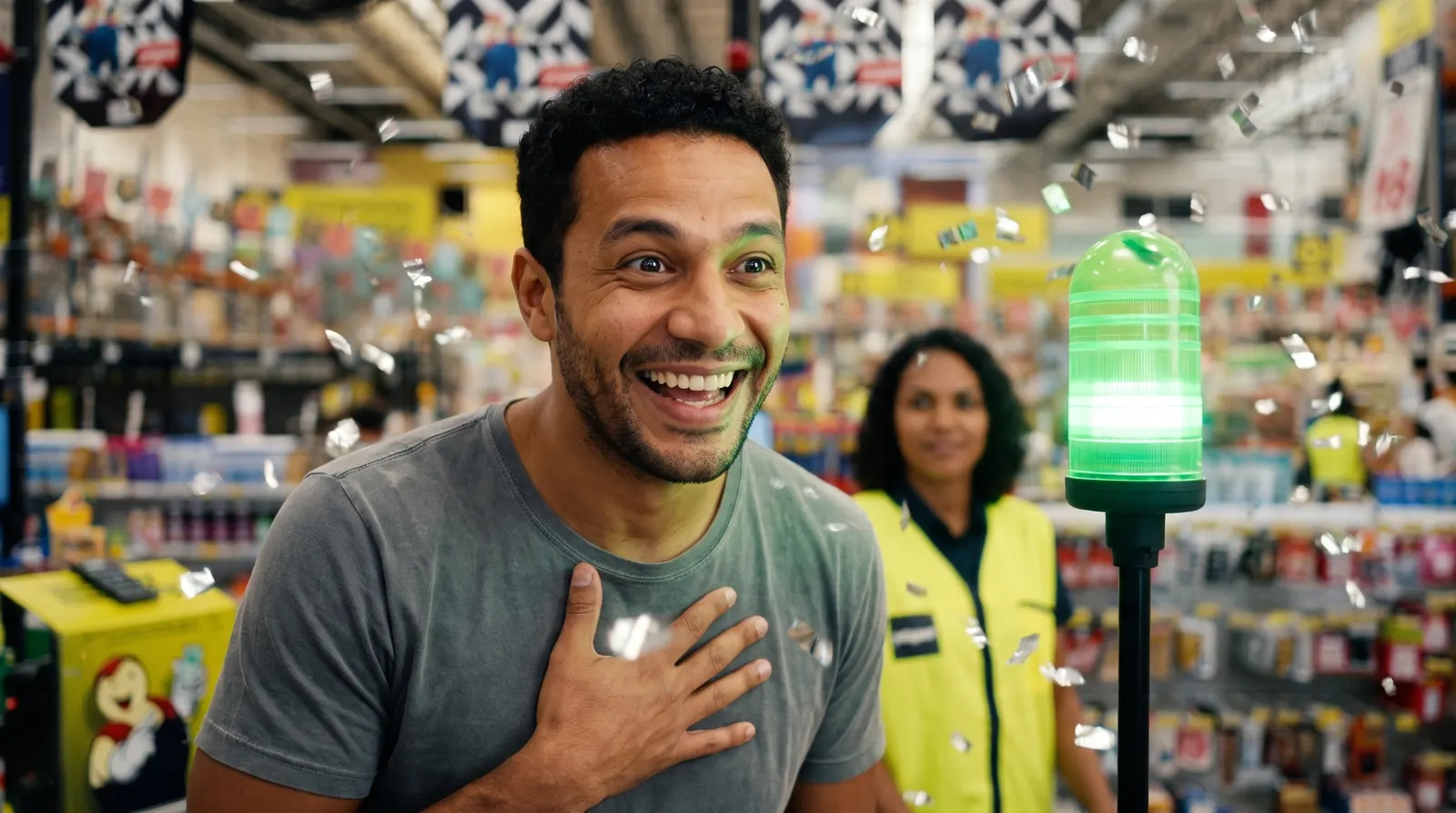 Homem de camiseta cinza comemorando no caixa de um supermercado, com confete e uma atendente de colete amarelo ao fundo
