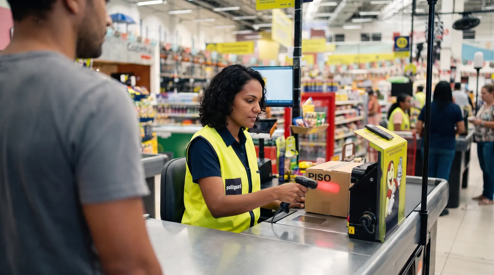 Atendente de colete amarelo passando uma compra no caixa do supermercado, com um cliente de costas