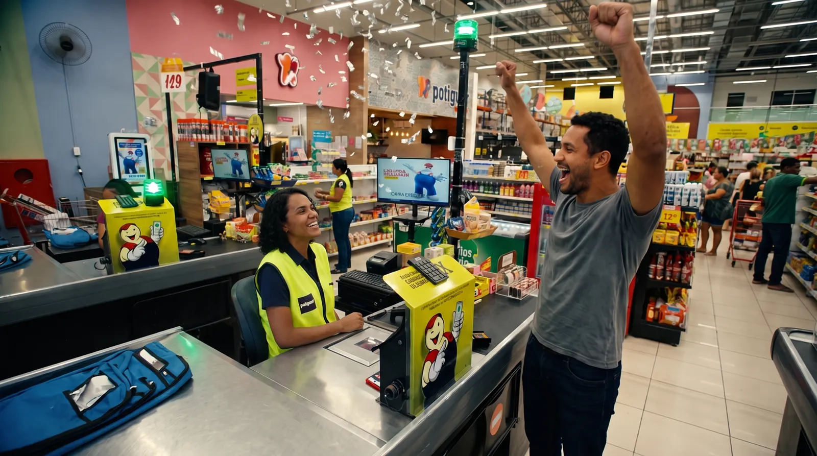 Homem de camiseta cinza com os braços para o alto, comemorando no caixa do supermercado
